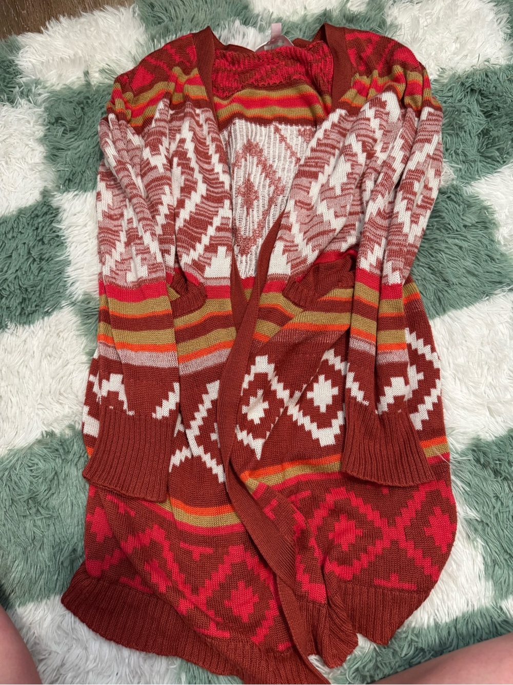 No Boundaries Red & White Aztec Open-Front Cardigan